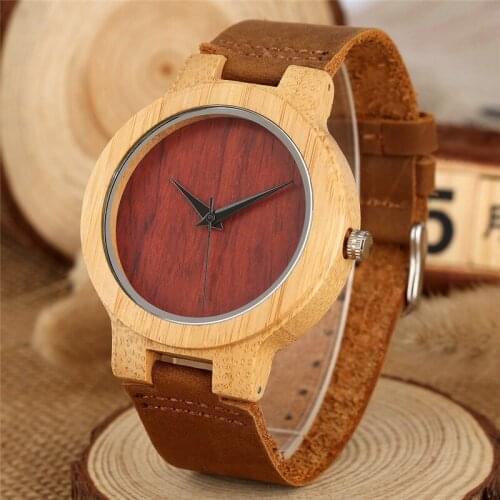 Casual Nature Wood Watches Bamboo Pattern Handmade Mens Quartz Analog Wristwatches Timepiece Clock Genuine Leather Strap Gift