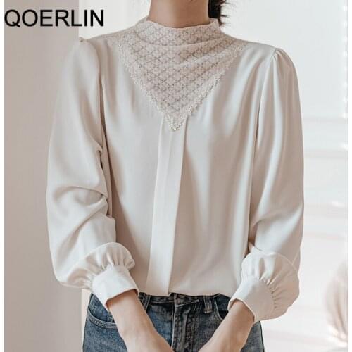 QOERLIN Korean Sweet Loose Clothes Lace Up Puff Sleeve Women Blouses Fashion Stand Collar Ladies Tops Vintage Lace Shirts Women