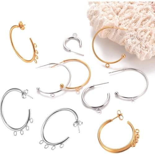 20pcs Stainless Steel Earring Posts Circle C Stud Earring with Ring/Loop connector findings for diy jewelry Earring Making