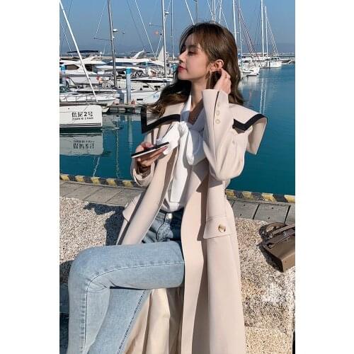 Chic Windbreaker Jacket Women Spring And Autumn Mid-Length Over The Knee 2021 New Ladies Coat Temperament Navy Collar Top zh137