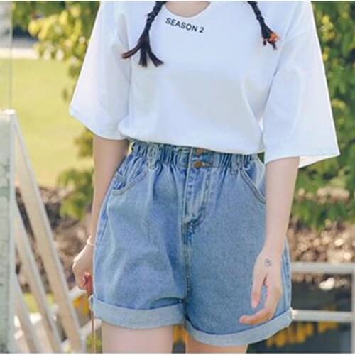 Elastic Waist Shorts Women Short Female Denim Lady Sexy High Waist Wide Leg Shorts All-match Ruffles Button Solid 2021Summer New