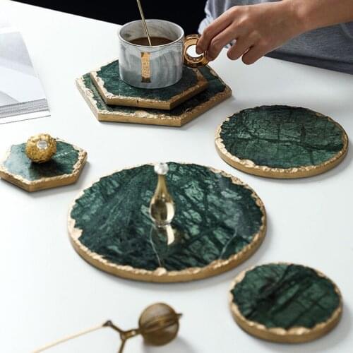 Nordic Luxury Placemat Emerald Non-Slip Marble Coaster Hexagon Round Creative Gold Inlay Heat Insulation Pad Table Decoration