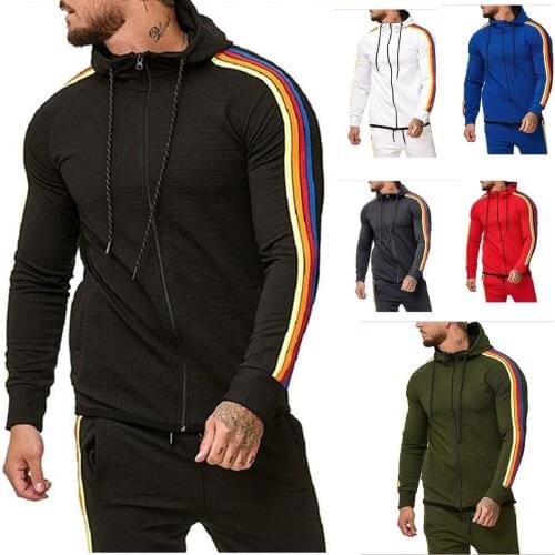 Spring and Autumn Mens Pinstripe Sweatershirt Long sleeve Color Strip Ribbon Fashion Zipper Cardigan Hooded Sweatshirt Hoodie