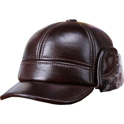 High Quality Leather Fur Hat Winter Outdoor Hat Cold-proof Old Mans Black Brown Leather Earring Bomber Hats