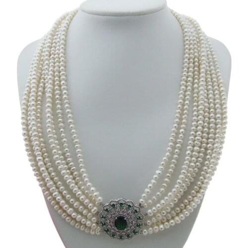 YYGEM 8 Strands Cultured White Round Freshwater Pearl Necklace Cubic Zirconia Pave flower connector 22"