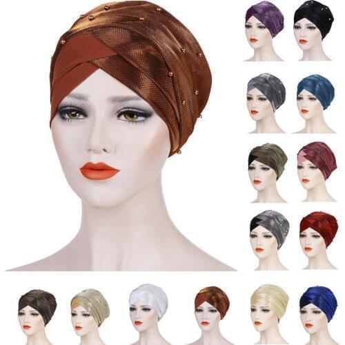 Muslim Women Hijab Elastic Turban Hat Chemo Beaded Cap Hair Head Scarf Wrap Cover Headscarf Islamic Bandanas Headwear Islamic