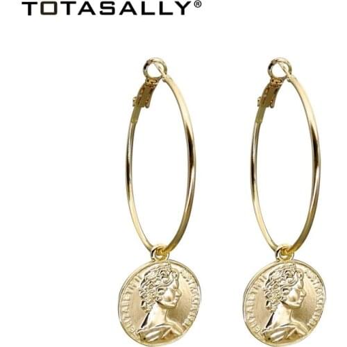 TOTASALLY Fashion ins hot Ethnic Queen Coin Earrings Womens Golden Alloy Statement hoop Earrings Ladies Jewellries Gifts