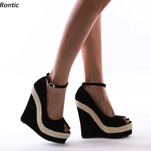 Rontic NEW ARRIVAL Women Platform Pumps Ankle Strap Hemp Rope Wedges Heels Peep Toe Elegant Black Party Shoes Women US Size 5-20