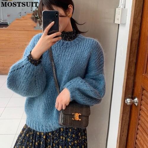 Chic Lantern Sleeve Mohair Knitted Pullover Sweater Women Full Sleeve O-neck Loose Solid Stylish Female Jumpers Tops Femme 2021