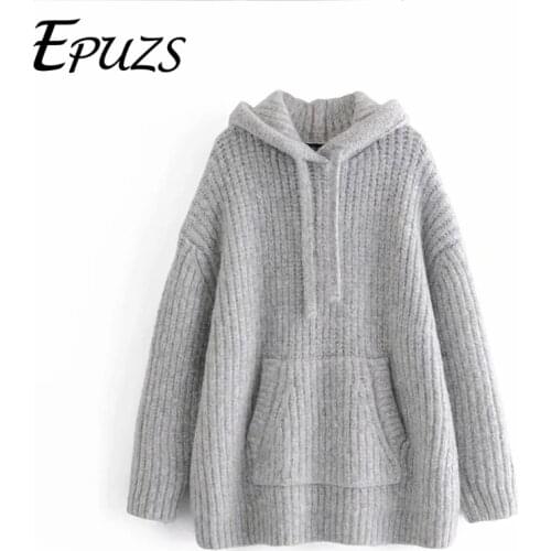 2021 Spring Women Vintage Hooded Collar Gray Knitted Hoodies Fashion Slim Long Sleeve Pocket Pullover Lady Casual Loose Chic Top