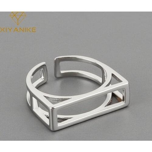 XIYANIKE 925 Sterling Silver Geometric Rectangle Hollow Line Ring Female Open Button Simple Glossy Handmade Jewelry Wholesale