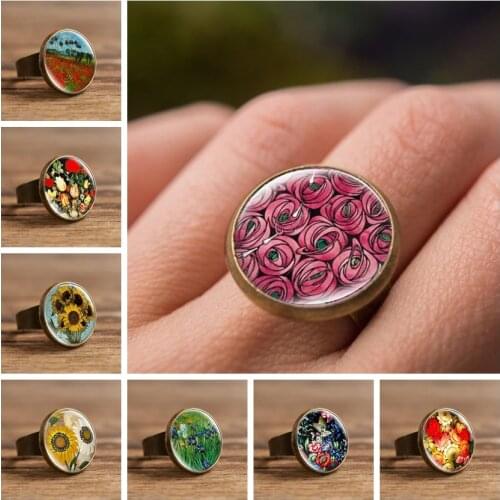 2019 New Fashion Pink Roses Adjustable Ring Romantic Flowers Glass Cabochon Rings Resizable Round Handmade Jewelry for Women