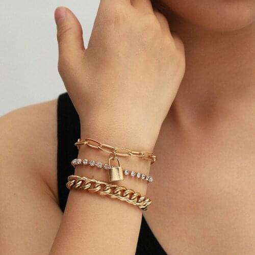 3 Pcs/set Gothic Rhinestone Lock Anklet Bracelet Set Womens Gold Chain Lock Pendant Europe and America Jewelry Wholesale