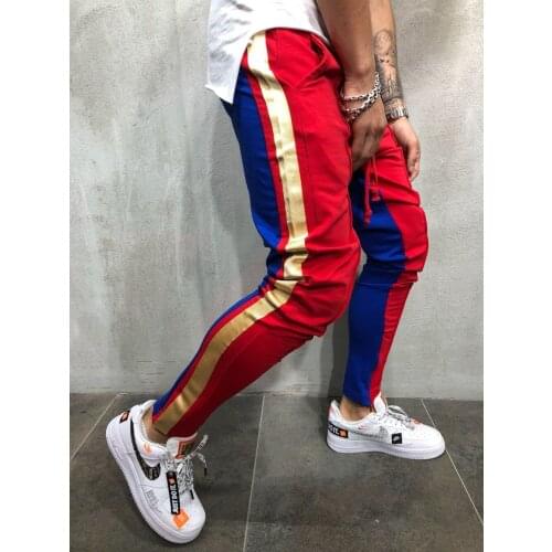 Men Hip Hop Streetwear Fashion Parallel Side Stripe Drawstring Close Botton Track Pants Slim Fit Jogger Fitness Pencil Pants
