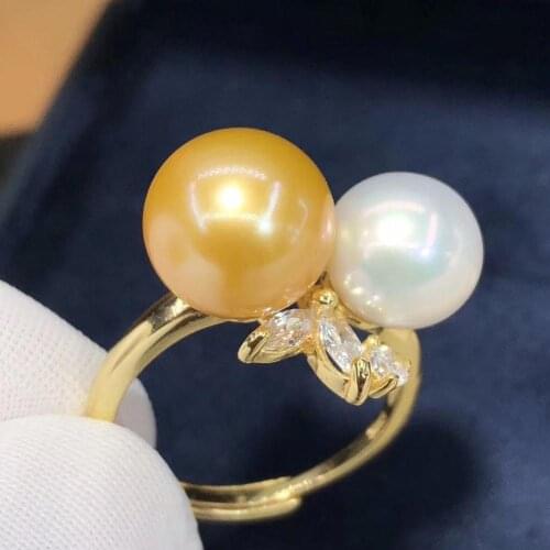 D714 Pearl Ring Fine Jewelry 925 Sterling Silver Round 7-9mm Fresh Water White and Golden Pearls Rings for Women Fine Presents