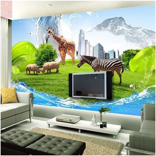 Animal park spray cartoon childrens room bedroom wallpaper murals large grass nursery custom size