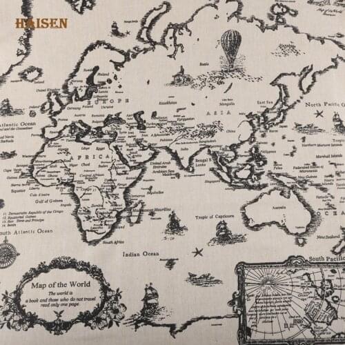 Haisen World Map Printed Cotton Linen Fabric For Quilting/DIY Sewing/Sofa Table Cloth/Furniture Cover Tissue/Cushion Material