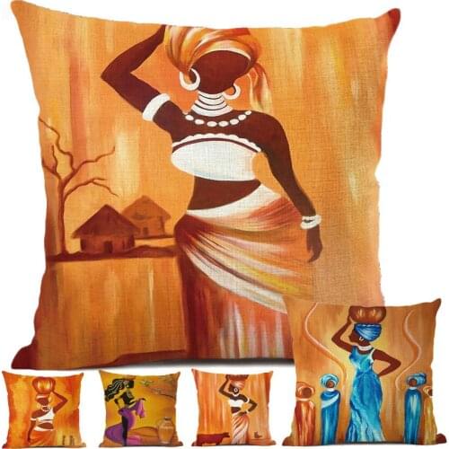 Art African Oil Painting Sofa Throw Pillow Cover Africa Women Lifestyle Cotton Linen Cushion Cover Car Pillows