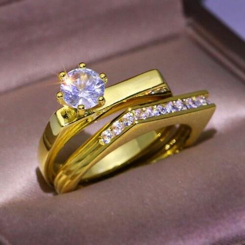 Luxury Female White Crystal Stone Ring Set Charm Yellow Gold Color Engagement Ring Trendy Round Zircon Wedding Rings For Women