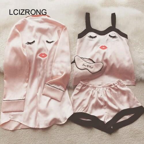 Summer Cartoon Satin Pajamas Sets Women 4pcs/set Long Sleeve Tops Camisole Shorts Eye Mask Home Clothing Sexy Sleepwear Mujer