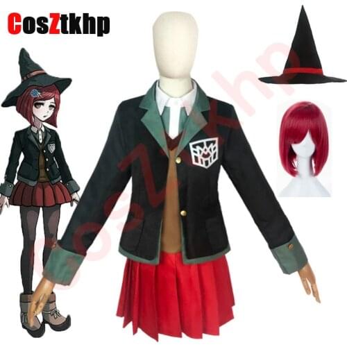Danganronpa Magician Yumeno Himiko Cosplay Costume School Girl Uniform Halloween Party Skirt Set Suit Red Wig Magic Hat