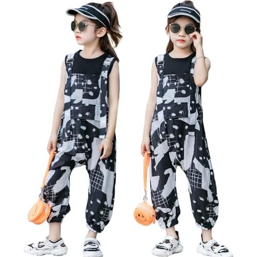 Lolanta 3-14 Years Girls Jumpsuit&Rompers Big Kid Bib Overalls Children' Sleeveless Black Tshirt Vest + Jumpsuit Set Clothes
