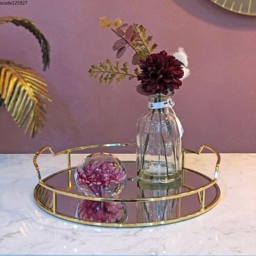 European Gold-plated Metal Mirror Storage Tray Round Luxury Earring Cosmetic Organizer Coffee Table Bathroom Tray Jewelry Plate