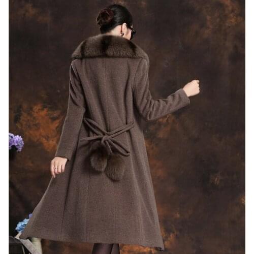 New Autumn Winter Women Wool Coat Super Quality Natural Fox Fur Collar Female Cashmere Long Coats Plus Size 5XL LX2083