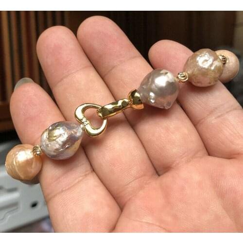 Huge 13-14mm multicolor baroque freshwater pearl gold-plated bracelet 8"