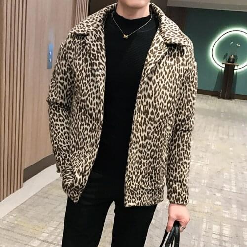 Leopard Print Worsted Overcoat Nothing Head Agitation Liuchao Card Loose Coat Abrigo Largo Chaqueta Invierno Hombre