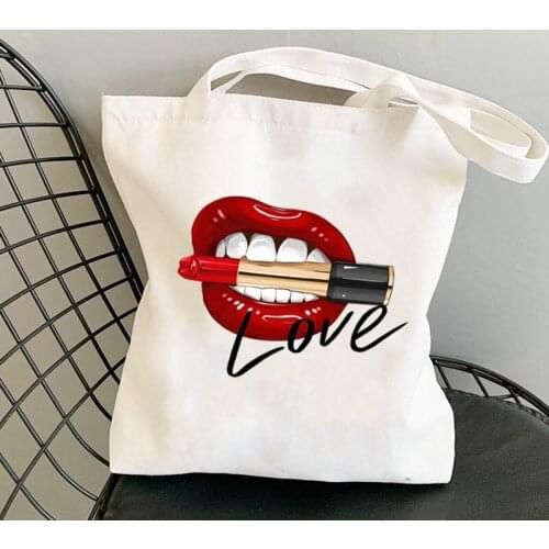 Kiss Lip print Casual Harajuku Female Shoulder Canvas Bag Ins Large Capacity Tote Reusable Ladies Shopping Bags
