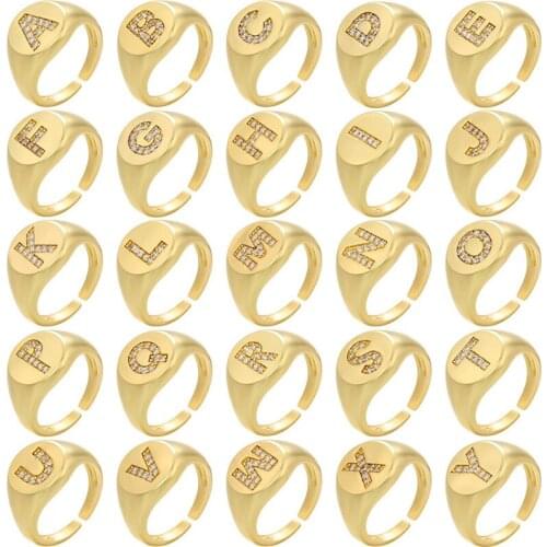 Simple Micro Pave CZ ABC Letter Wide Open Ring for Women Men Trendy Gold Color Adjustable Size Finger Party Jewelry
