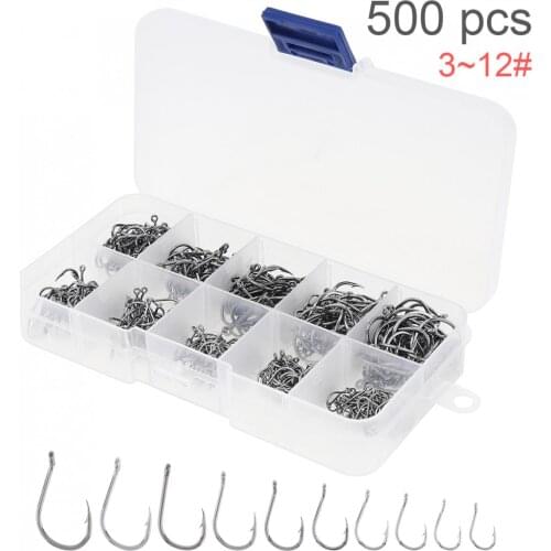 Fishing Hooks 500pcs Fishing Hooks Kit Barbed Jig Hole Hook 3-12# 10 Size Carbon Steel Carp Fishhook Set with Fishing Tackle Box