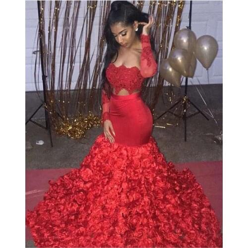Sexy African Black Girls Long Sleeve Red Mermaid Prom Dresses 2020 3D Flowers Evening Dresses Long Two Piece Prom Dress