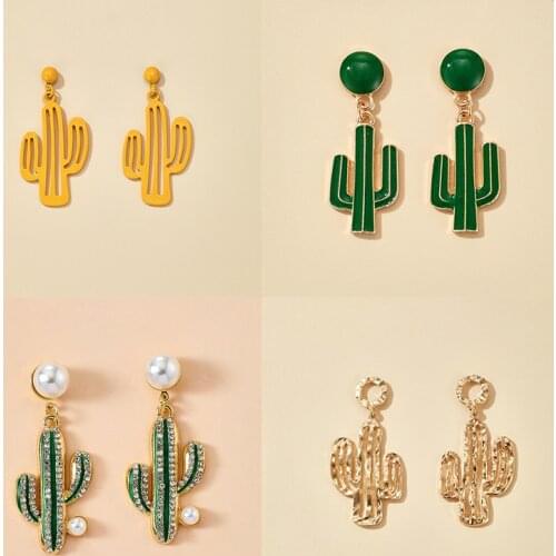 Docona Creativity Colorful Plant Cactus Drop Earrings for Women Simple Pearl Crystal Earrings Female Party Fashion Jewelry