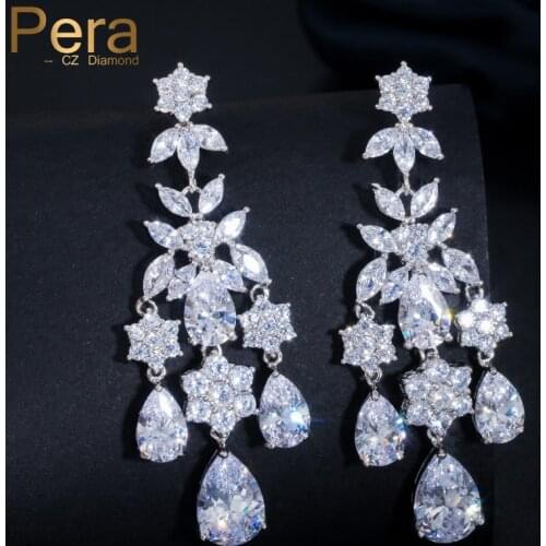 Pera Luxury Women Party Costume Jewelry Full Big Sparkling Cubic Zircon Stone Long Chandelier Drop Earrings For Party Gift E085
