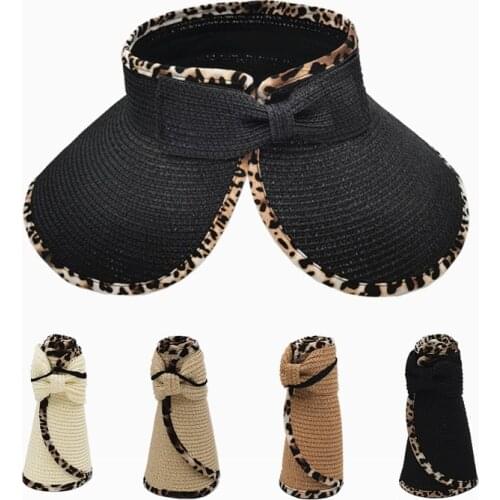Women Summer Breathable Straw Leopard Print Sun Hats Topless Empty Sun Visor Cap Foldable Hat Adjustable Nature Beach Bow Cap