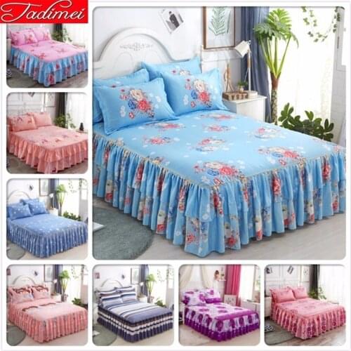 Flower Pattern Blue Bed Skirts Adult Kid Girl Princess Bed Cover Linen Single Twin Full Queen King Size Bedspread Sheet Bedskirt