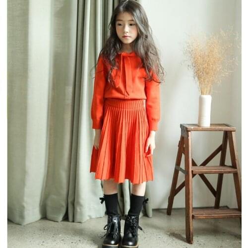 Girls Sets Autumn Winter Teen Girl Pure Color Tie Bow Knitted Sweater+Folds Tutu Skirts 2Pcs Sets Children Suits Outfits10 12 14