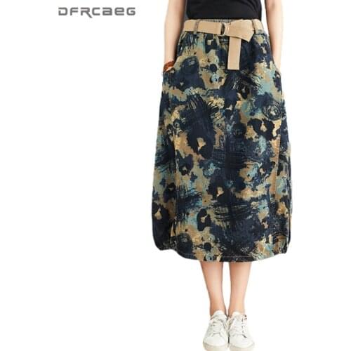 Print Ethnic Womens Jean Long Skirt With Belt 2020 Summer Streetwear Elastic Waist Vintage A-Line Denim Skirts Feminina