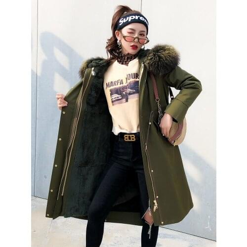 Natural Rabbit Liner Parka Clothes 2020 Autumn Winter Jacket Women Raccoon Fur Collar Long Trench Coat MY3577
