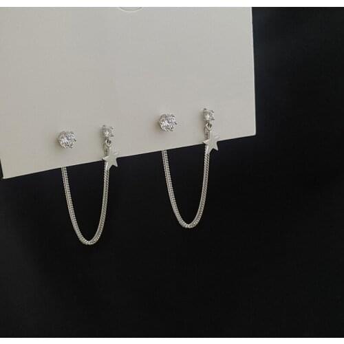 925 Sterling Silver Earring 2/3 Ear Hole Star Moon Heart Love Chain Tassel Long Earring Cool Personality Woman Girl Boy Ear Jew