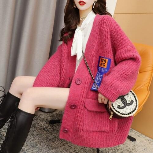2021 autumn pink thick casual needle knitted jacket thick sweater cardigan women Korean long sweater loose top mohair cardigan