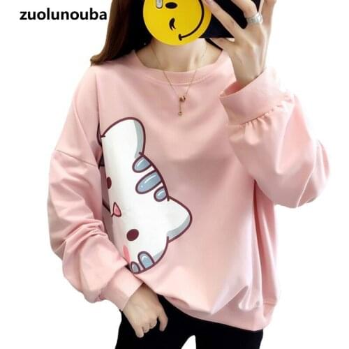 Autumn Thin 2020 Round Neck Cartoon Cat Casual Cute Women Pullover Loose Wild Slim Fashion Commuter Harajuku Ladies Sweatshirt