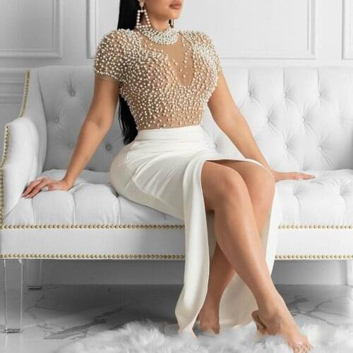 2021 Summer Beading Black White Casual Bodycon Evening Party Dress for Women Short Sleeve Nightclub Robe Femme Vestidos 70137