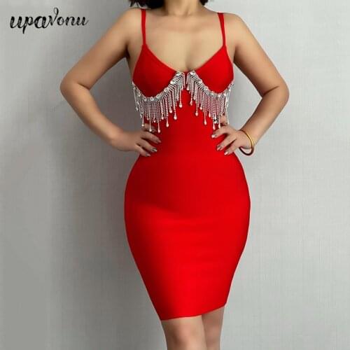 Free Shipping High Quality Diamond Tassel Bandage Dress Women Red Sexy Halter Sleeveless Bodycon Club Runway Party Dress Vestido