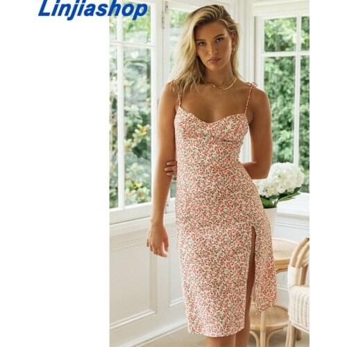 Pink Backless Braces Midi Dress Women Split Sexy Summer Dress French Style High Waist Slim Beach Dresses