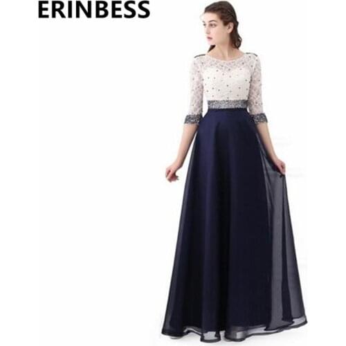 Vestidos De Baile 2020 A Line White And Navy Blue Beaded Prom Dresses Half Sleeve Long Chiffon Women Party Gowns