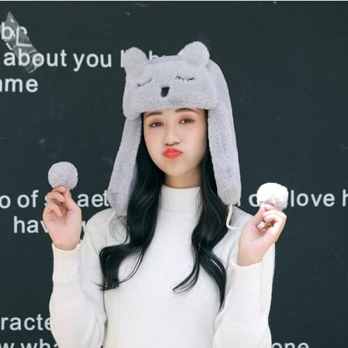 NXHV Winter Knit Hat Women Fur Bomber Plush Snow Hats with Ball Female Solid Novelty Hip-Hop Beanie Outdoor Ear Protection Cap