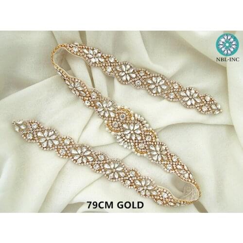 1PC) Gold clear crystal bridal rhinestone belt wedding gold sash for wedding dress accessories WDD0740